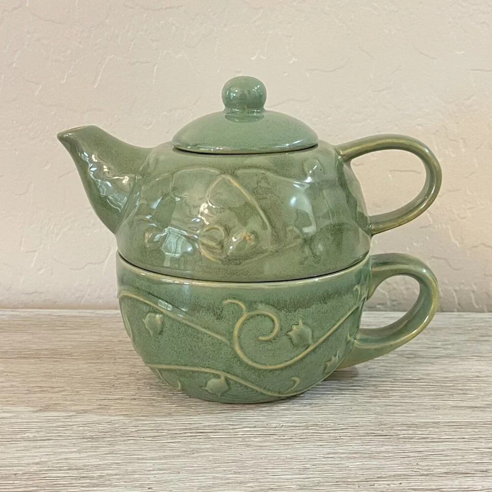 New Pier 1 Teapot Cup Mug 3 Pc Set Green Vine Flower Leaf Stoneware All In One